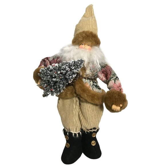 Vtg Scandinavian Santa Claus Doll Corduroy Hat Pants Holding Snowy Tree Sit Hang - Picture 1 of 9